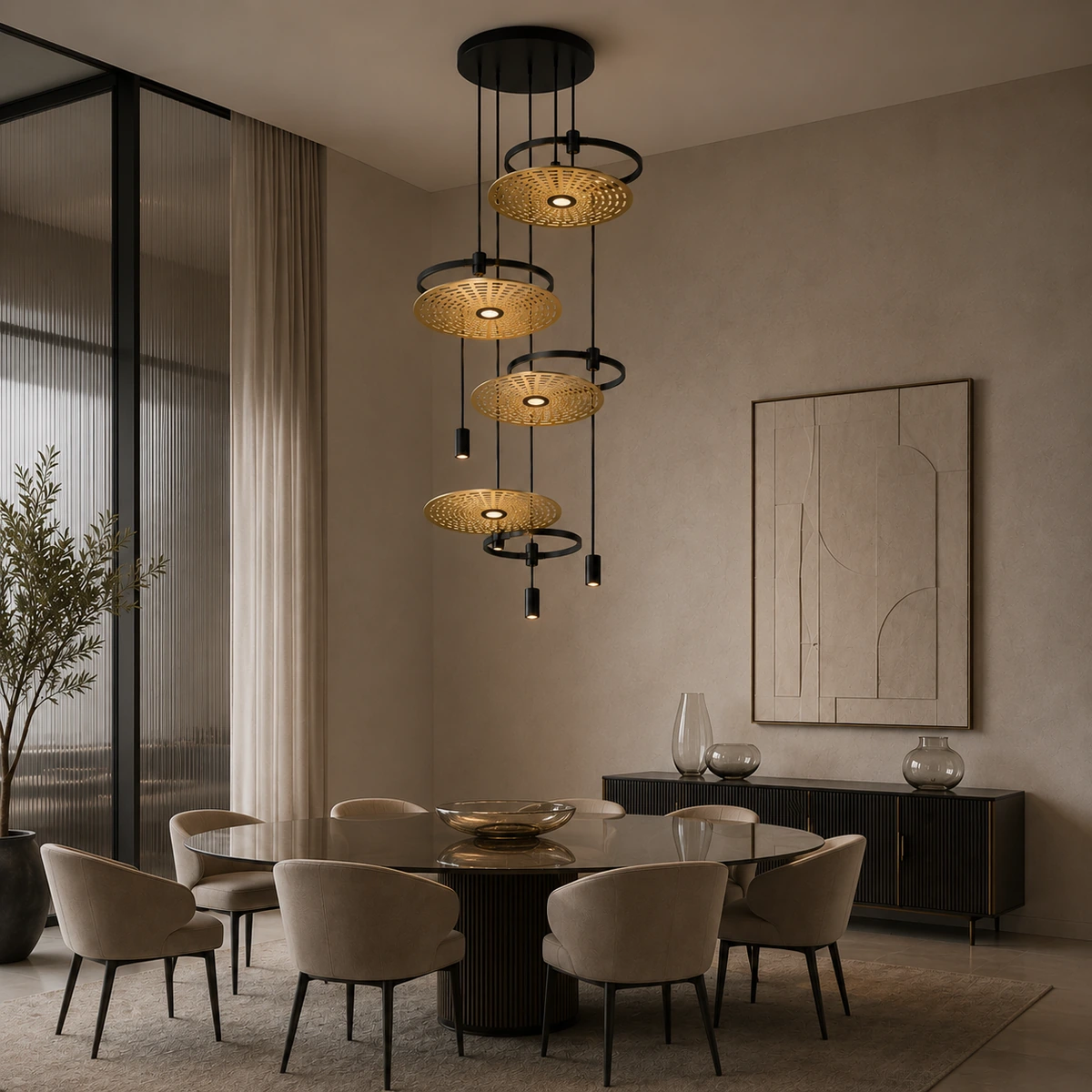 ASTRA candeeiro suspenso em sala de jantar de luxo com mesa em vidro e ambiente premium