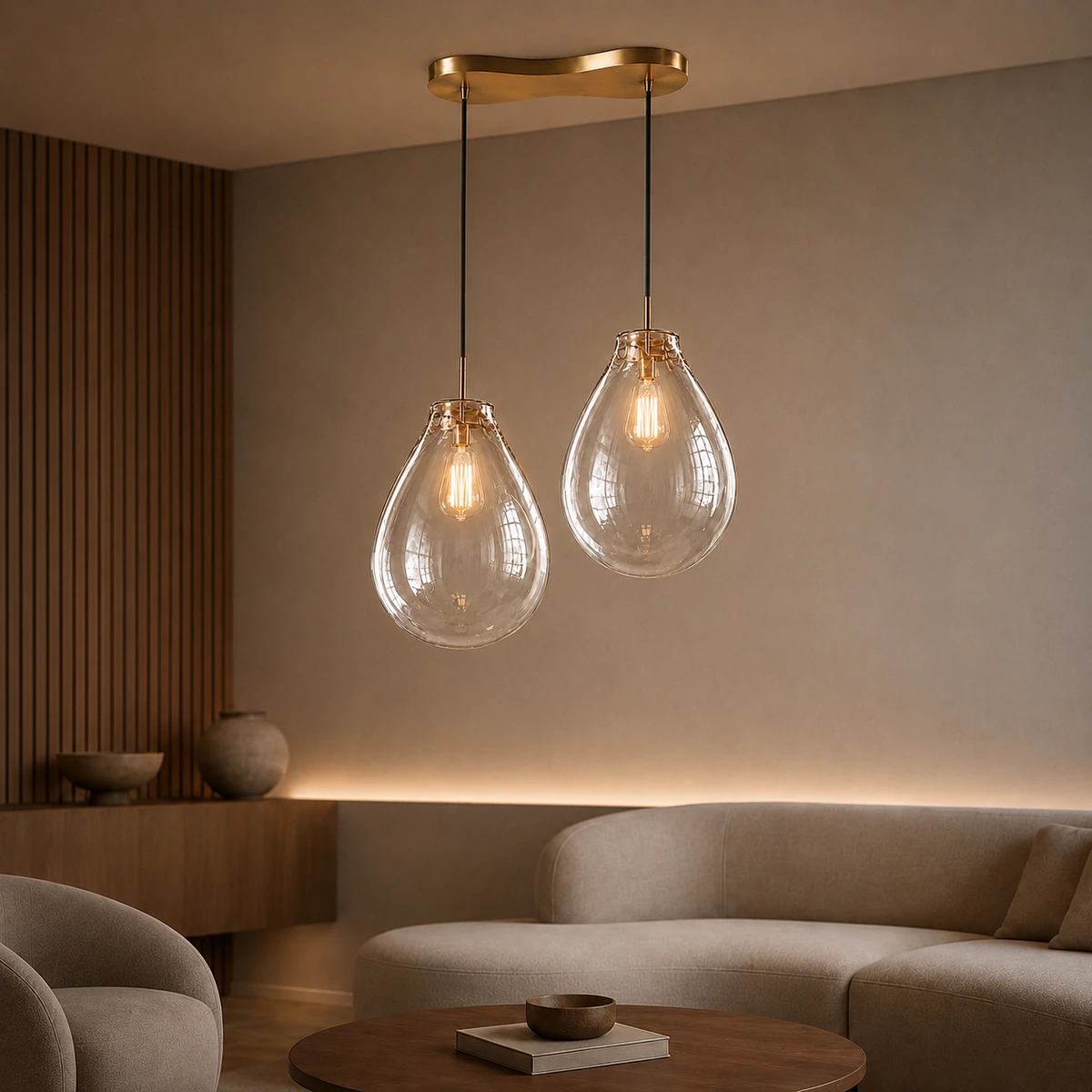 AUREA 2 - suspensão dupla em vidro transparente e latão dourado em ambiente premium