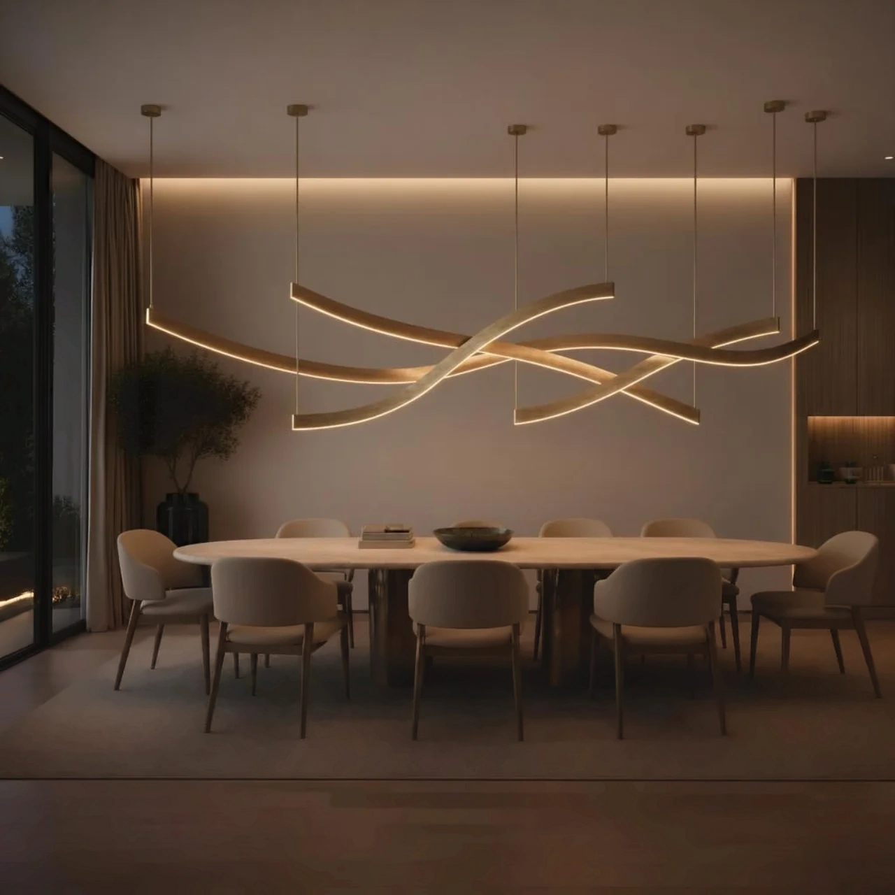 Luminaria AXIS a medida en latón envejecido martillado sobre una mesa de comedor en un interior premium