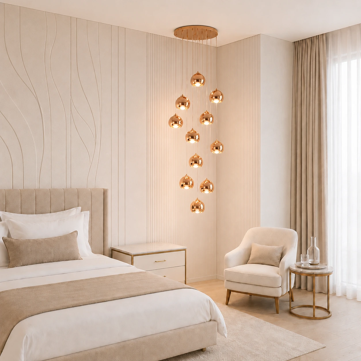 Cacoon decorative pendant in a premium hospitality suite with polished copper finish