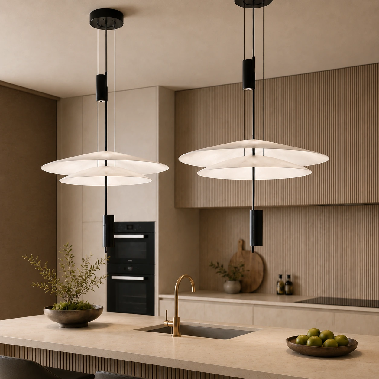 Orbit Circle pendant applied in a luxury kitchen with two circular suspended lights