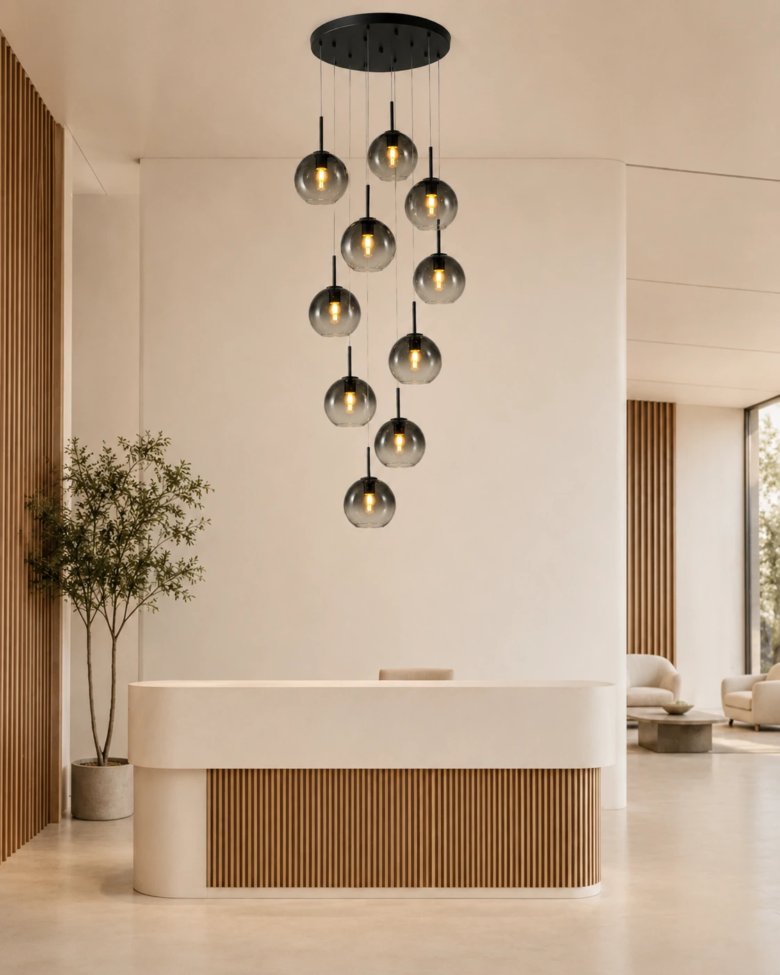 Nero Globe pendant in a premium hotel reception with smoked glass globes