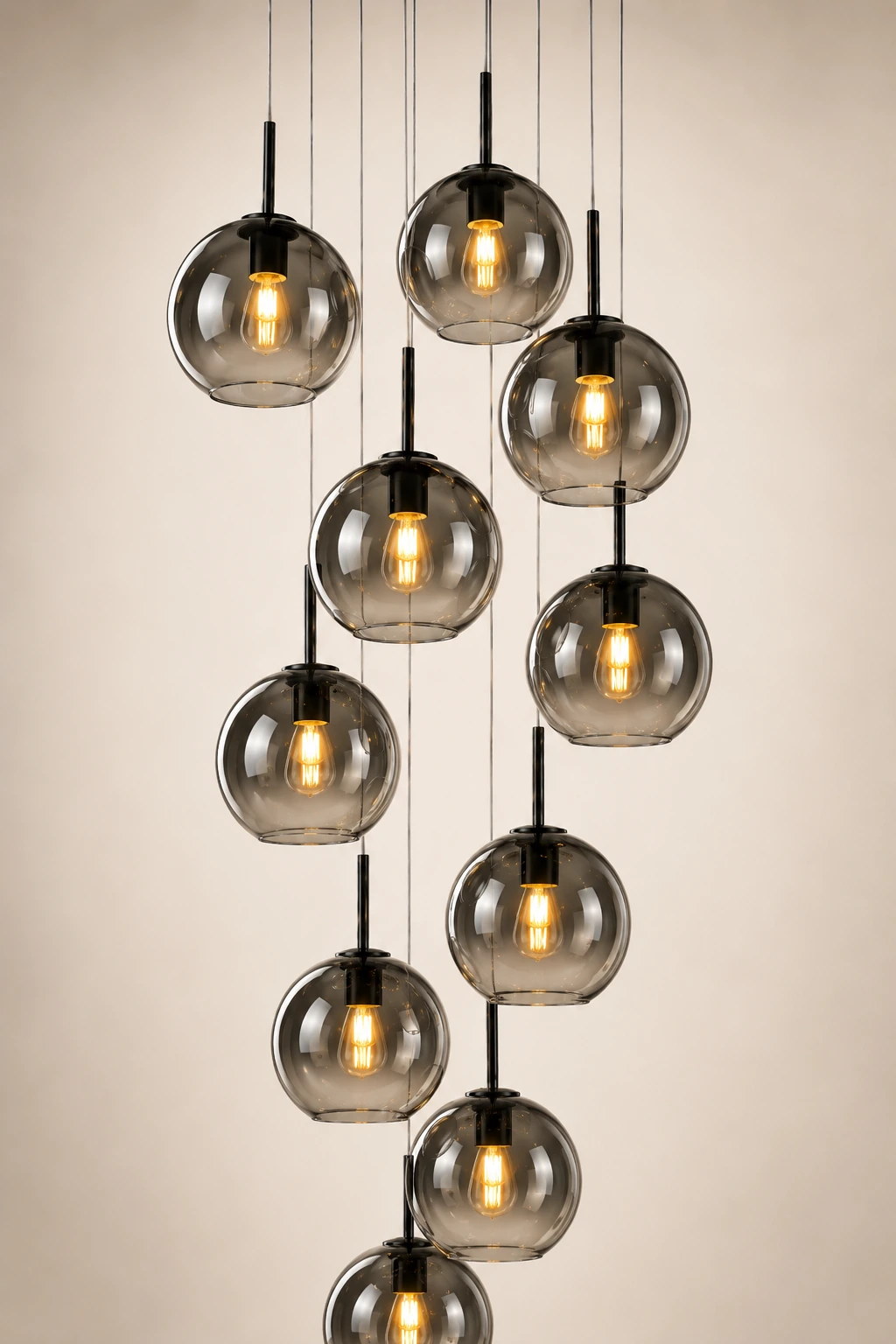 Detail of the Nero Globe pendant with smoked glass globes