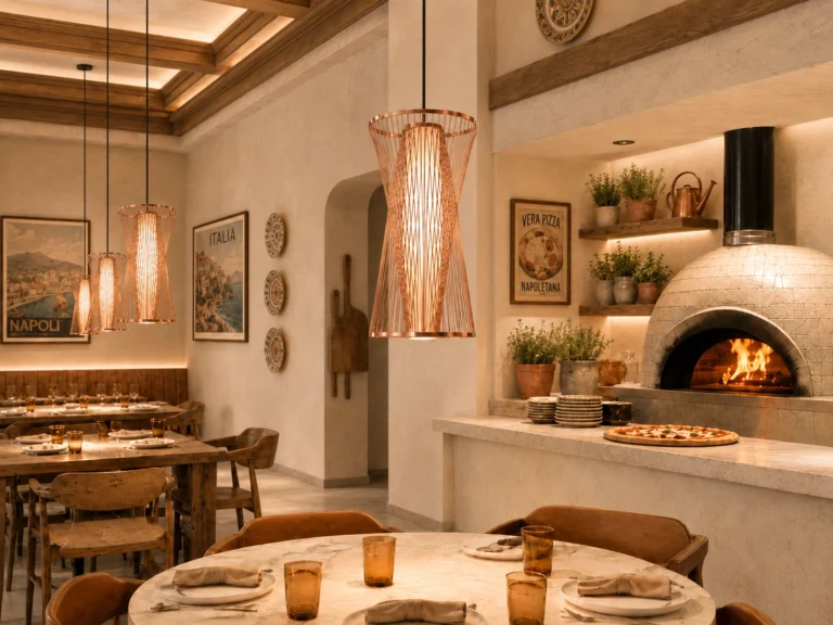 Rame Twist pendente em cobre aplicado em restaurante hospitality premium