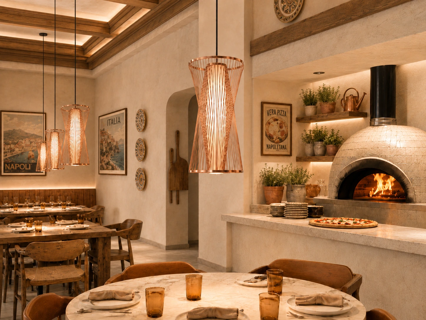 Rame Twist pendente em cobre aplicado em restaurante hospitality premium