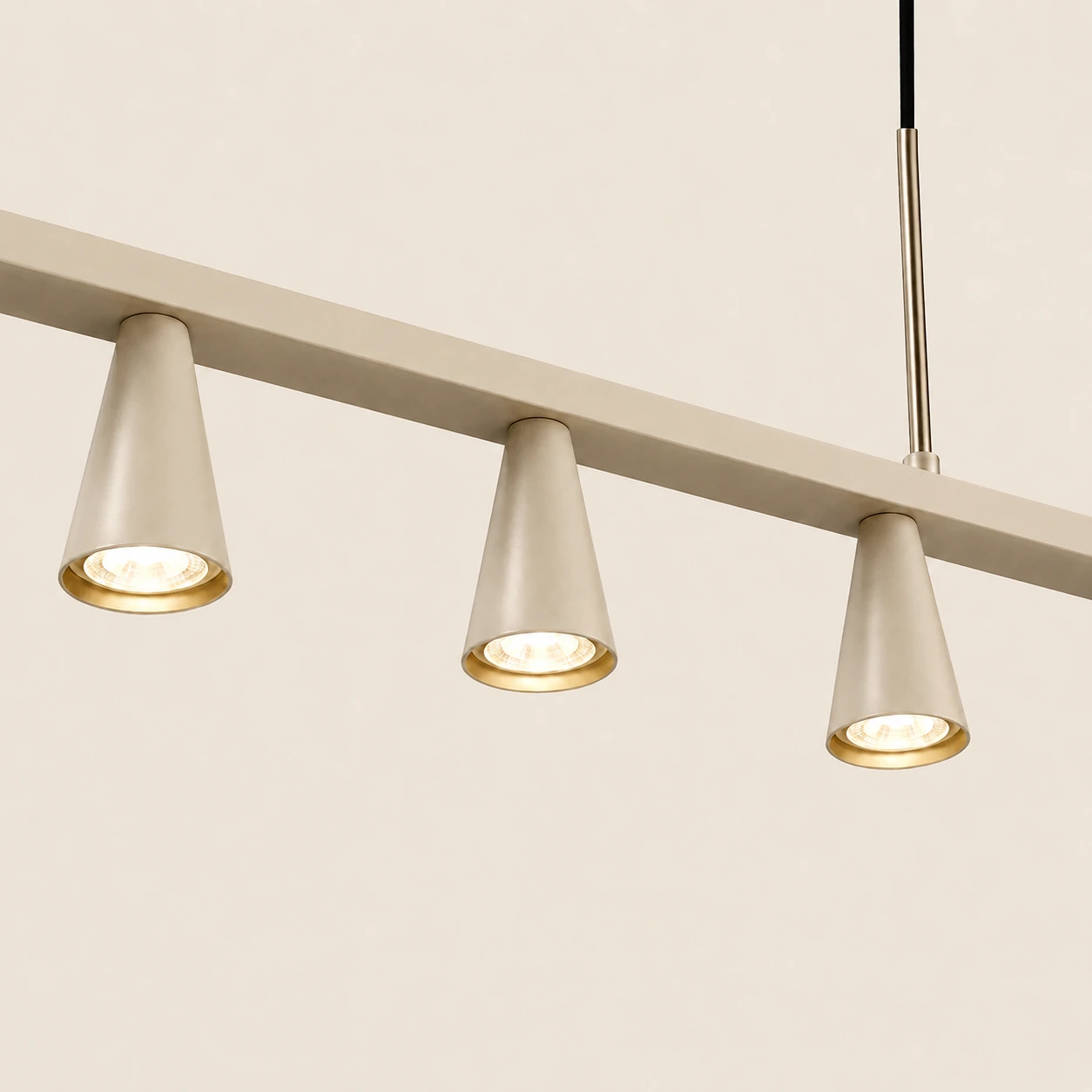Detail of the Lunar Linear light in RAL 1013 with elongated cones and suspended metal tubes