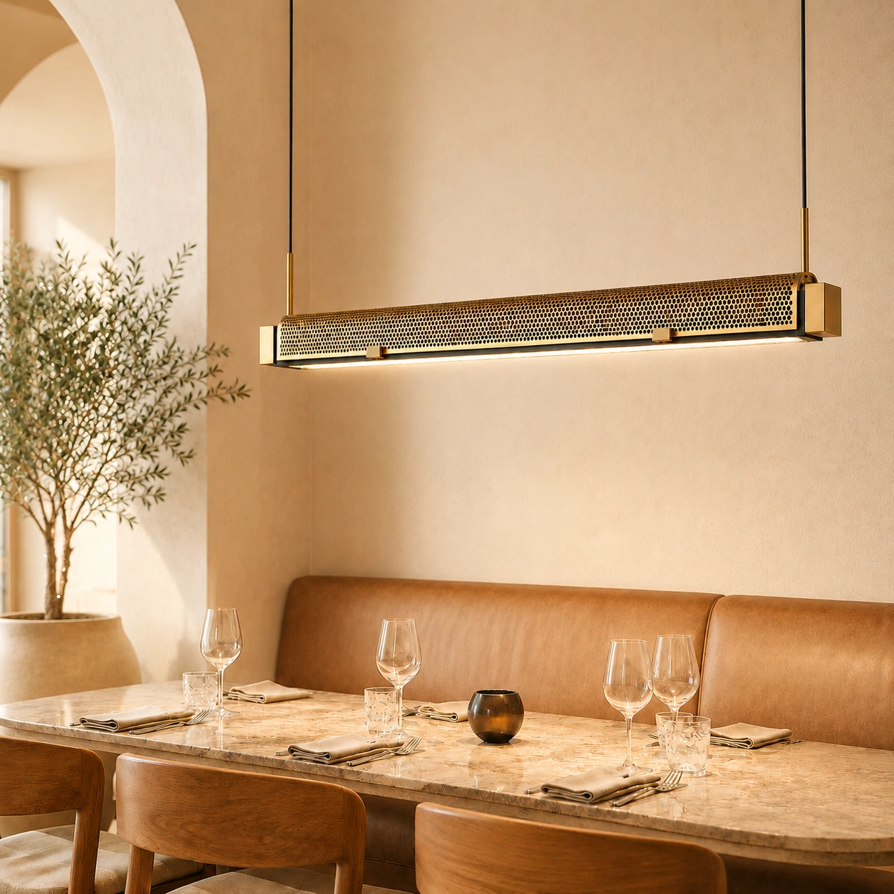 Mesh Linear applied in a premium hospitality restaurant with perforated brass linear light