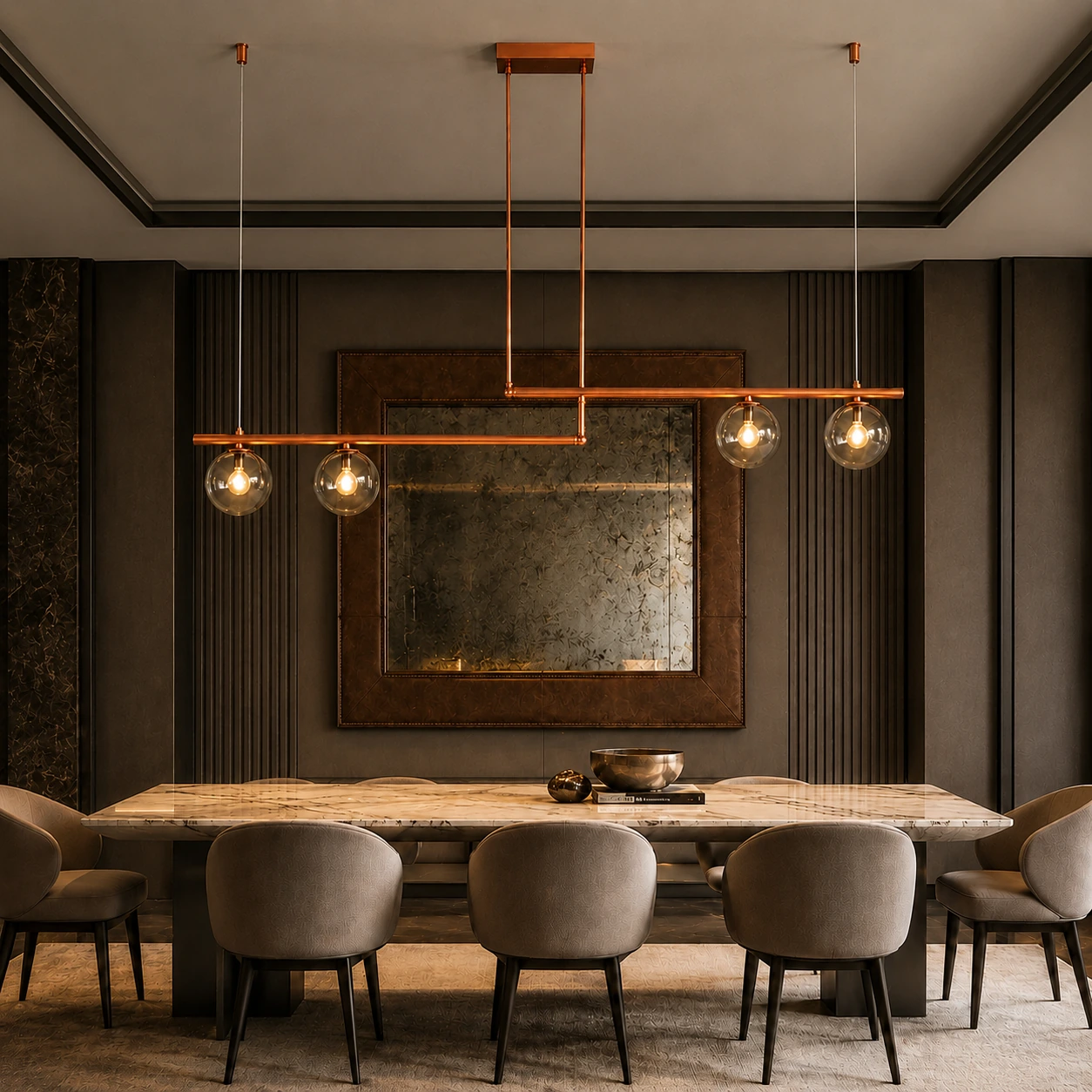 SEGNO applied in a premium hospitality interior with RAL 8004 finish and smoked glass globes