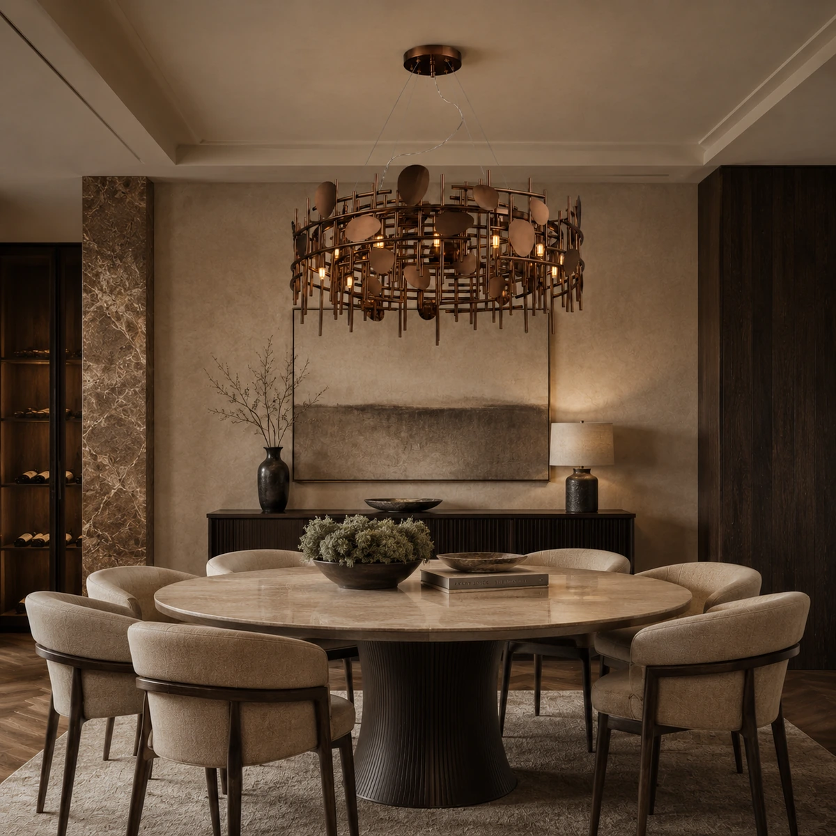 NEXUS - chandelier circular em acabamento RAL 8029 em sala de jantar requintada