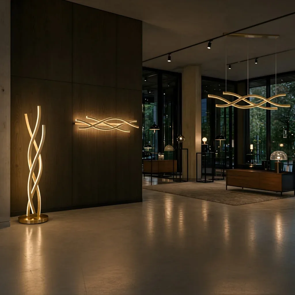 Luminaria AXIS a medida de Illumus en un showroom con presencia arquitectónica