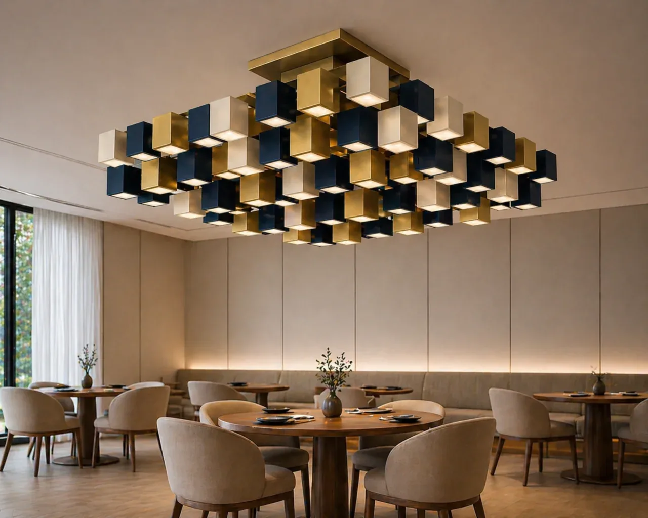 Luminaria decorativa CUBE MAX a medida de Illumus en un restaurante o lounge premium