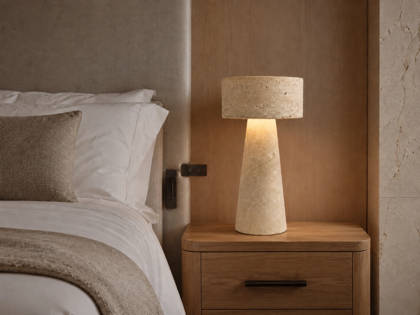 TRAVERTINO table lamp in a premium hotel bedroom with a light stone finish