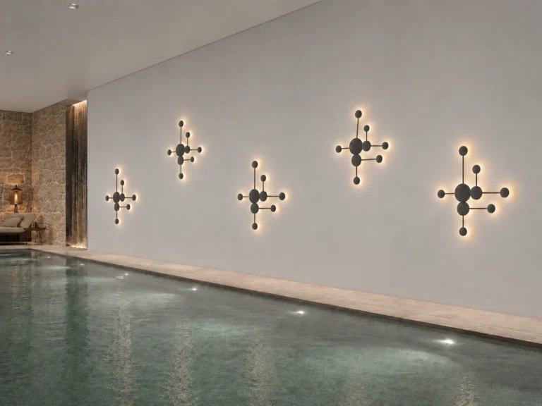 COSMOS aplique aplicado em ambiente spa hospitality com acabamento escuro e iluminação quente