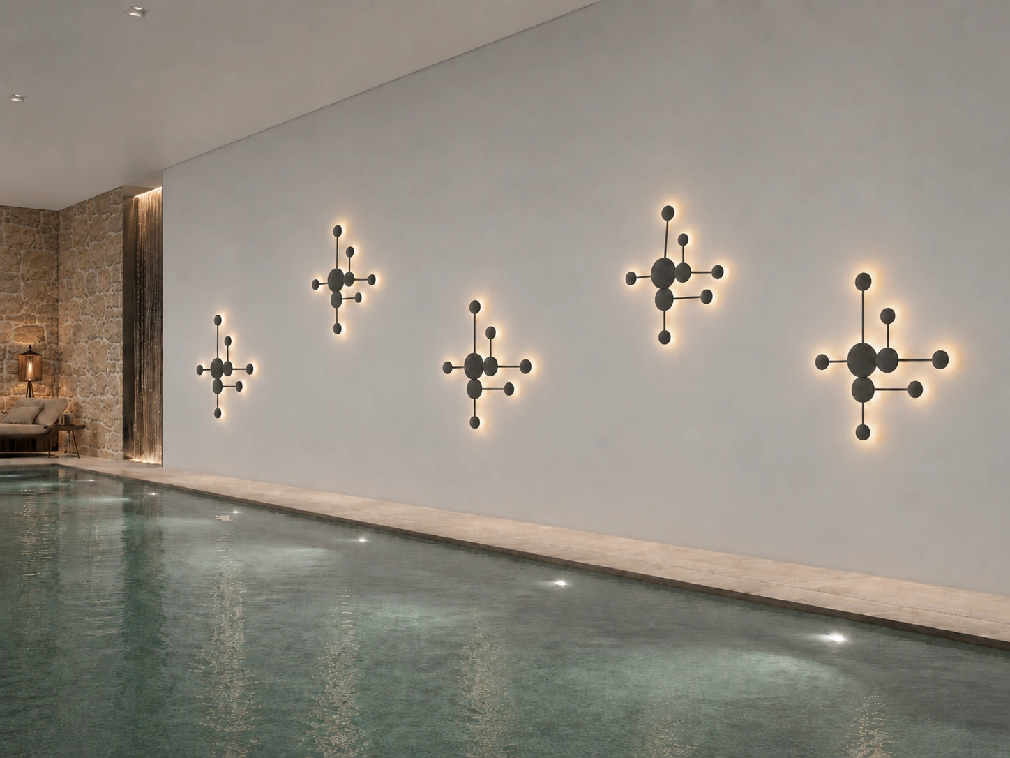 COSMOS wall light installed in a hospitality spa setting with dark finish and warm lighting