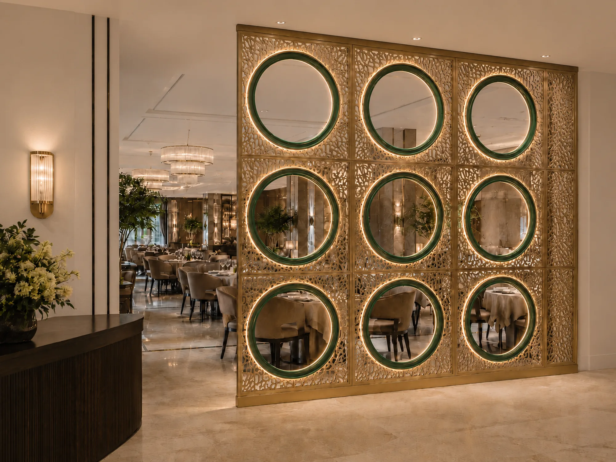 NUBIA divisória luminosa decorativa Illumus Lighting em ambiente hospitality premium