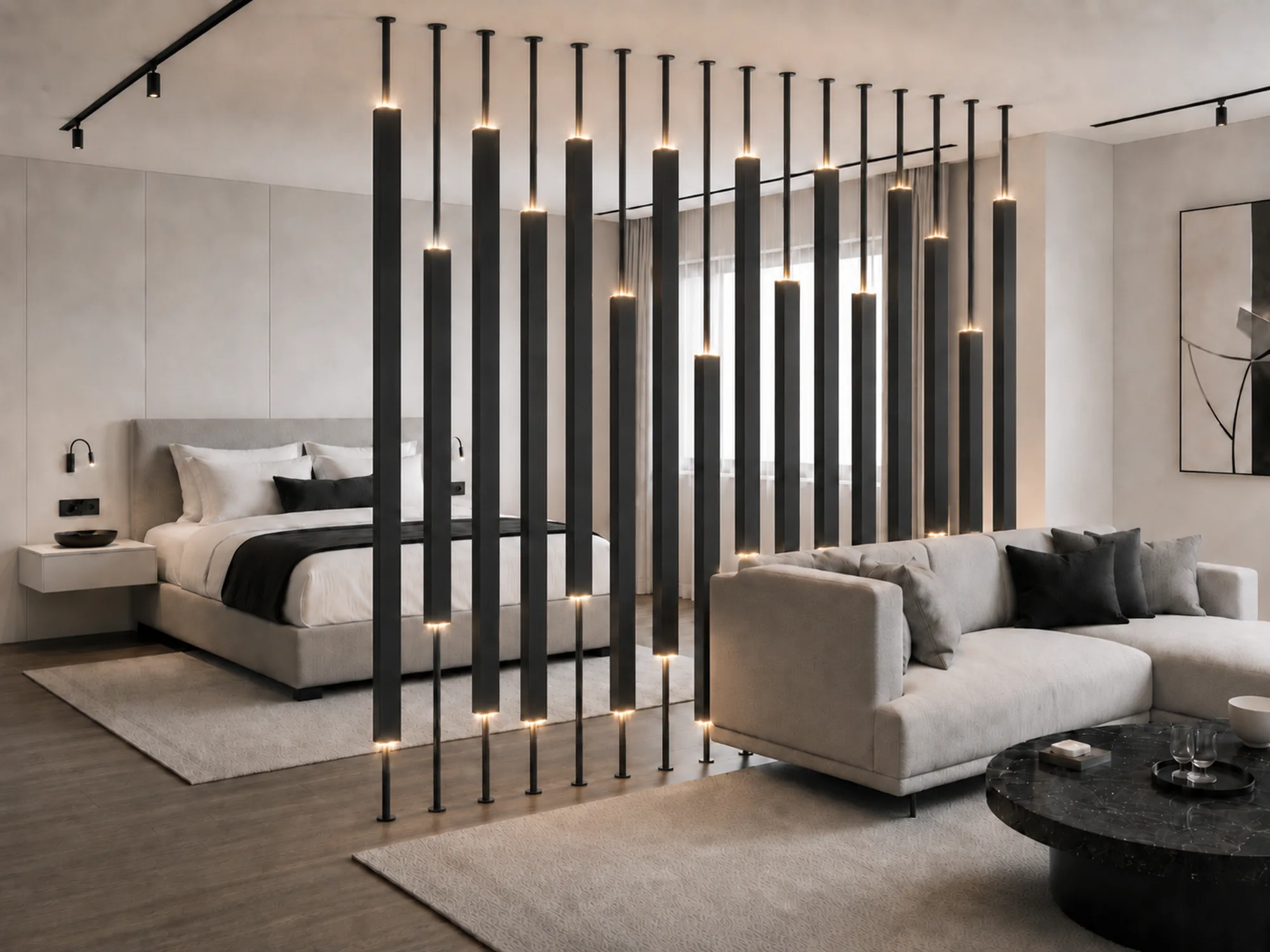 STOA divisória luminosa decorativa Illumus Lighting em ambiente hospitality premium