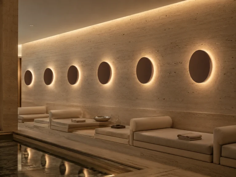 ECLIPSE aplique aplicado em zona spa hospitality com parede em pedra natural e luz indireta quente