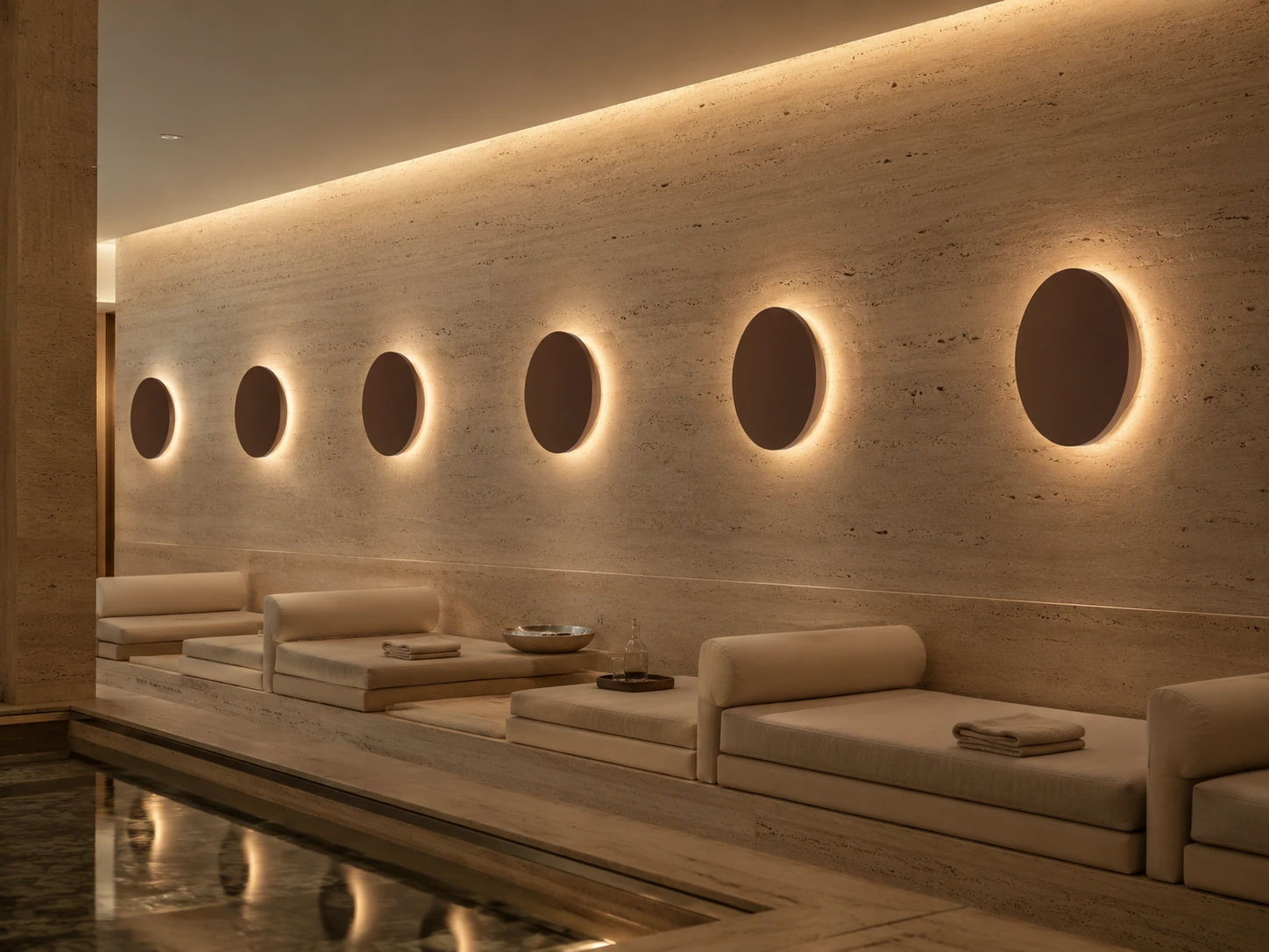 ECLIPSE wall light installed in a hospitality spa area with natural stone wall and warm indirect light
