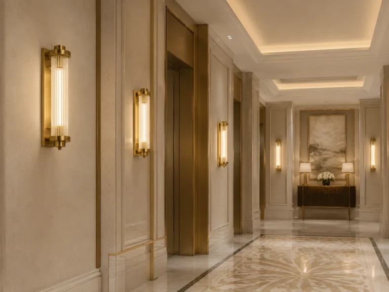 GATSBY aplique aplicado em corredor de hotel premium com acabamento dourado e vidro canelado