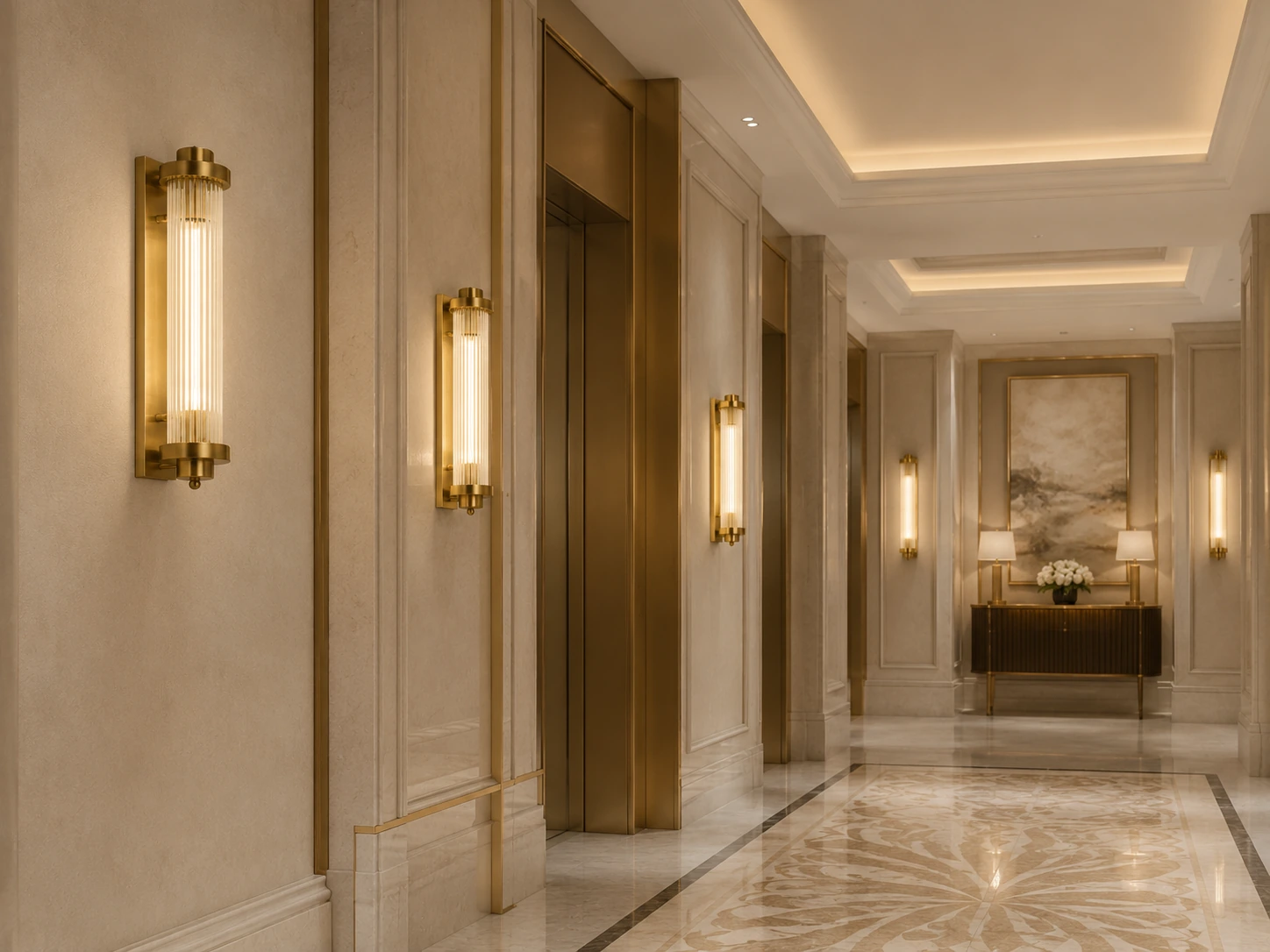GATSBY wall light installed in a premium hotel corridor with gold finish and fluted glass