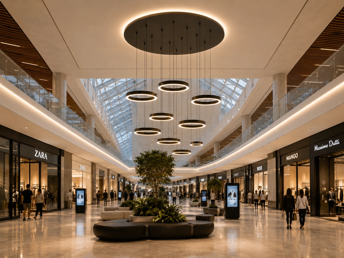 Saturn 80 pendente decorativo em anel aplicado em centro comercial hospitality premium com luz quente integrada