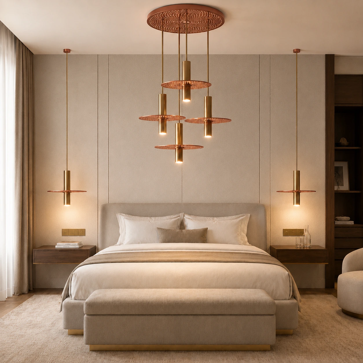 Tiffany applied in a minimalist hotel suite with suspended decorative lighting