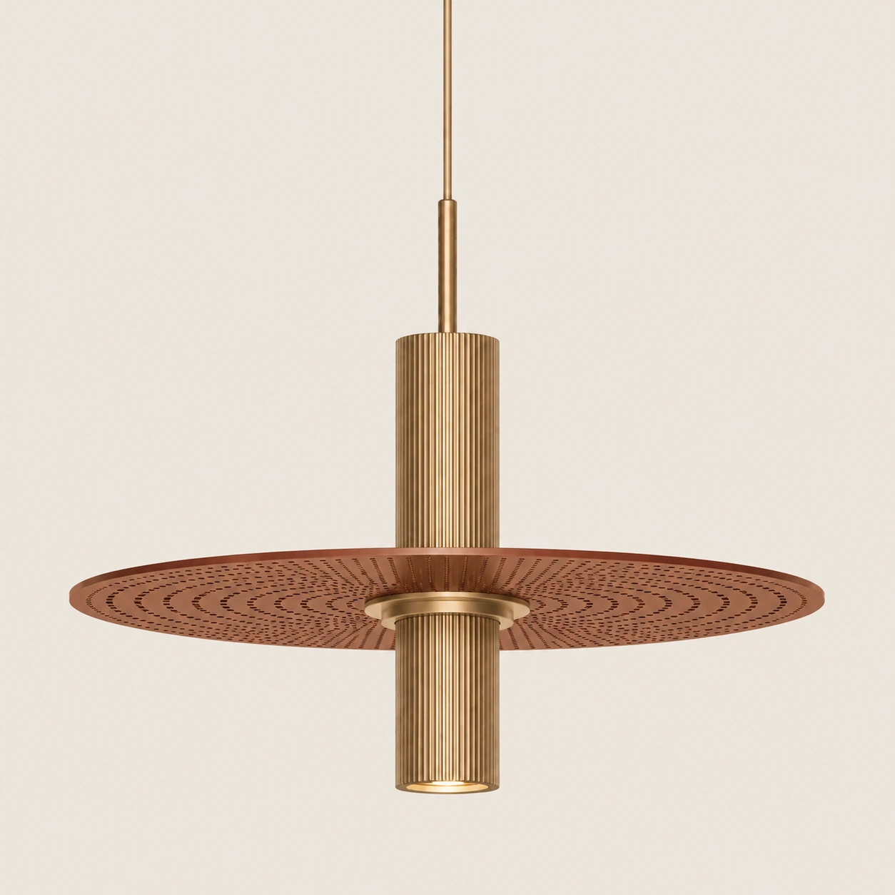 Detail of the Tiffany pendant with gold metal tube and perforated copper-tone disc