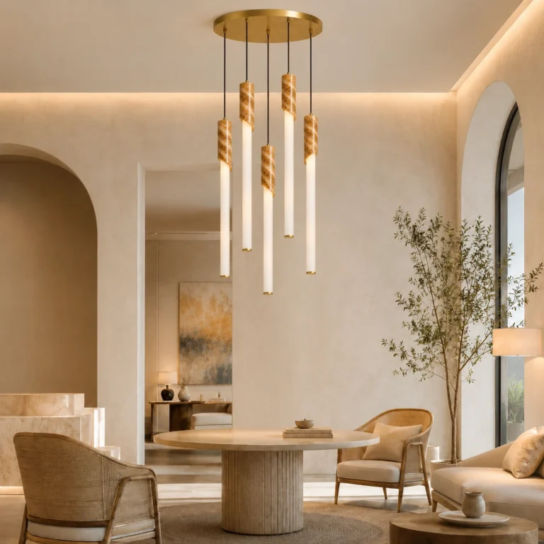 Puchy pendente cluster em lounge de hotel boutique com acabamento ónix caramelo e tubo frost
