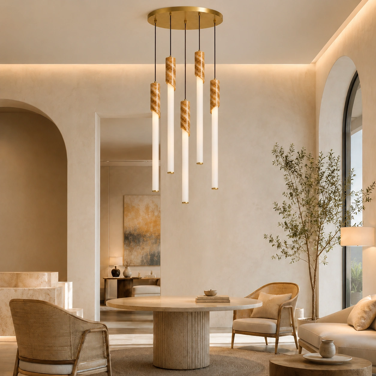 Puchy cluster pendant in a boutique hotel lounge with caramel onyx finish and frosted tube