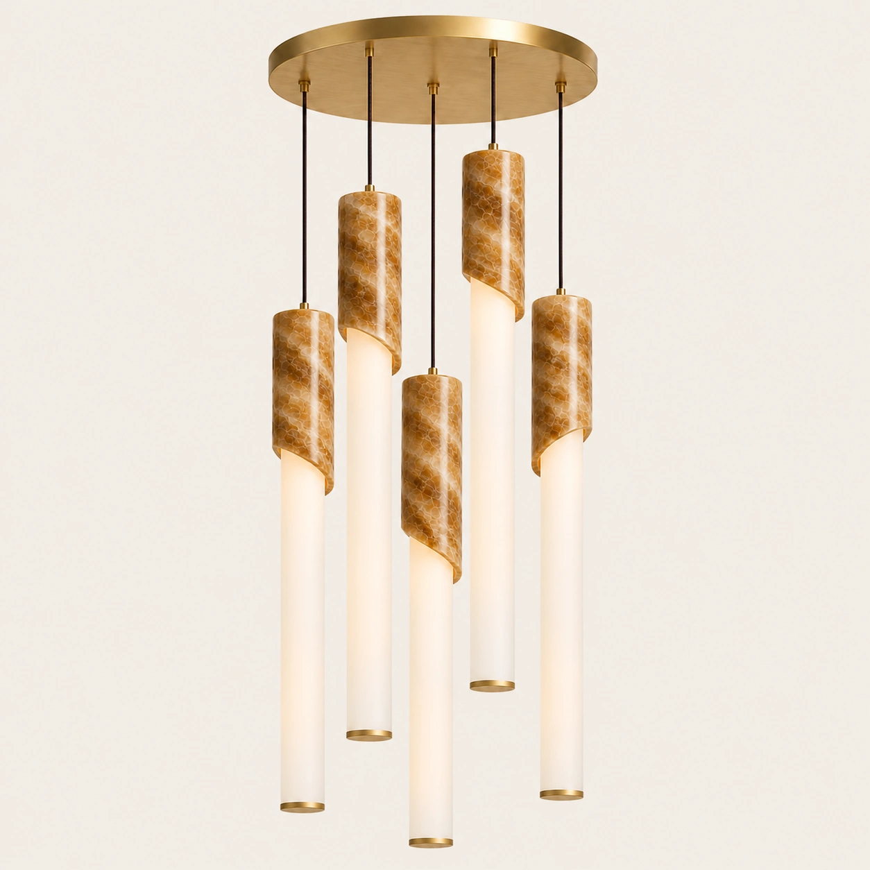 Detail of the Puchy pendant with caramel onyx finish and frosted tube
