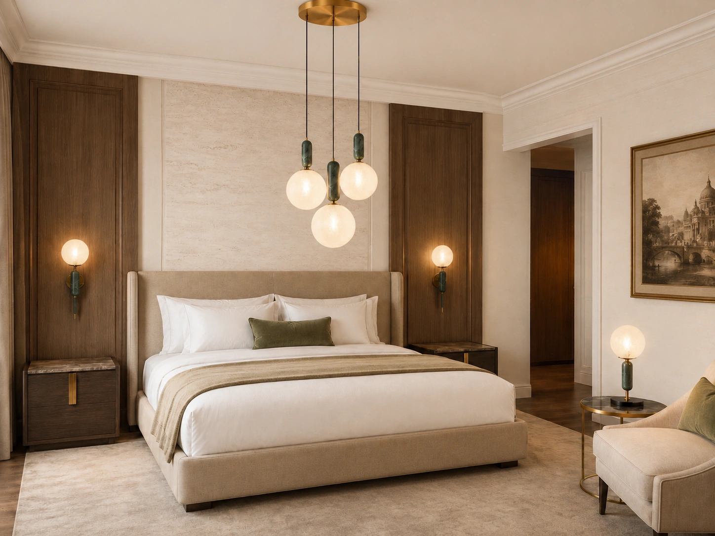JADE table lamp in a premium hotel bedroom with an illuminated globe and green detail