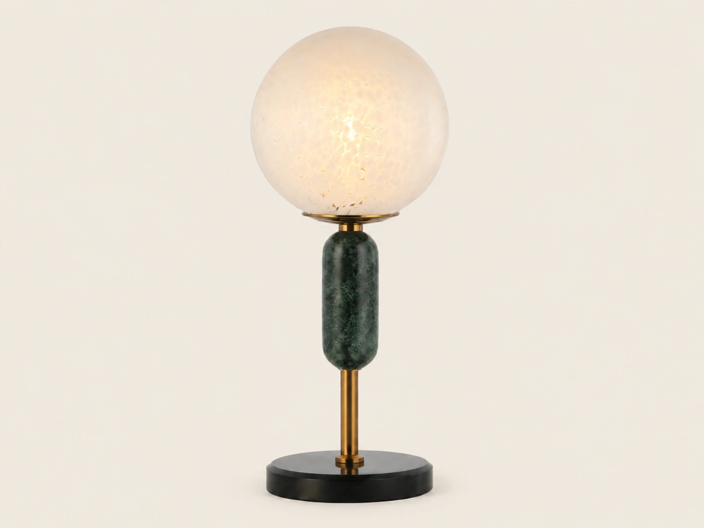 JADE table lamp with opal globe, green detail and brass finish