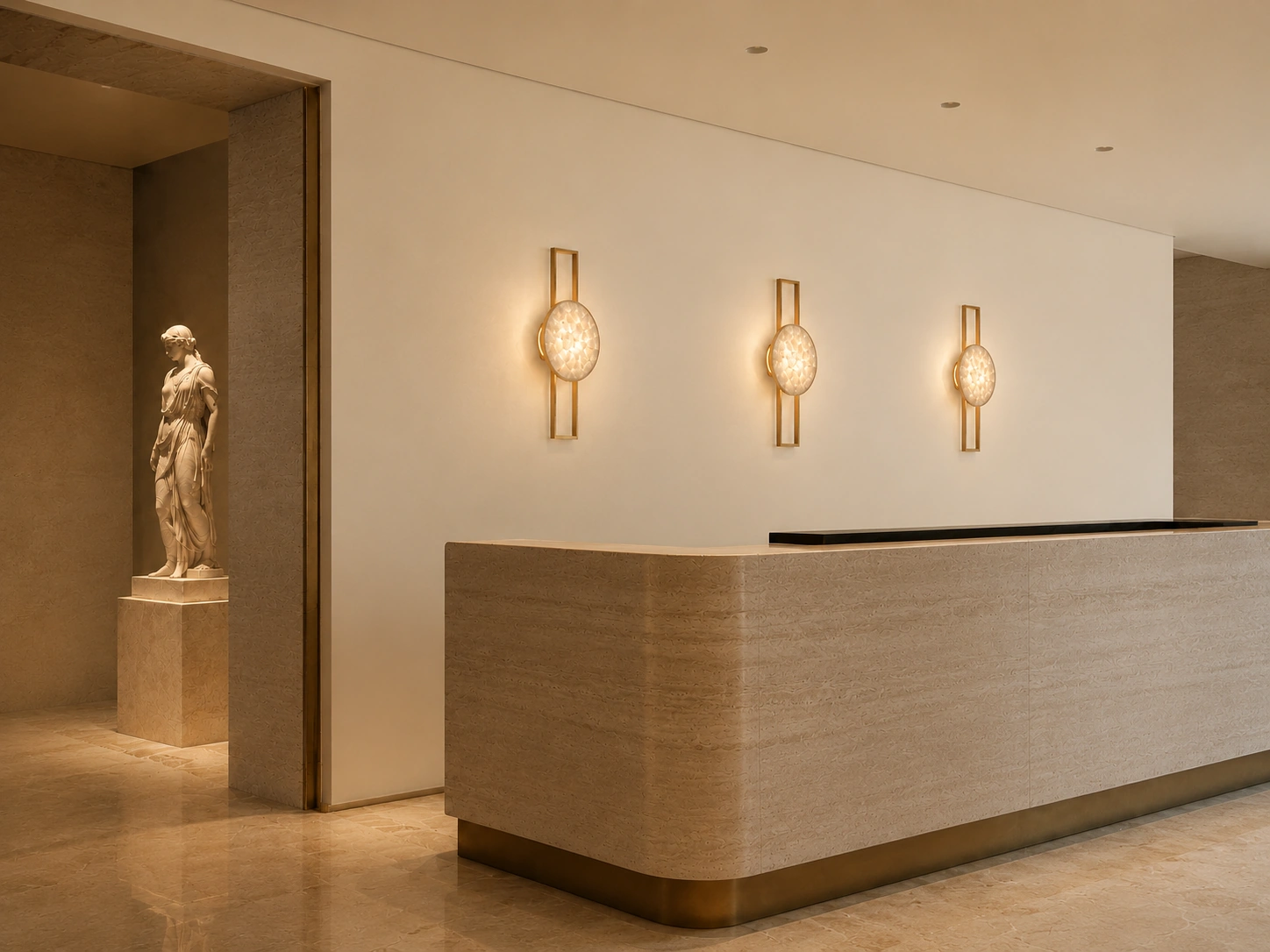 LOTUS wall light installed in a premium hotel reception with gold finish and textured diffuser