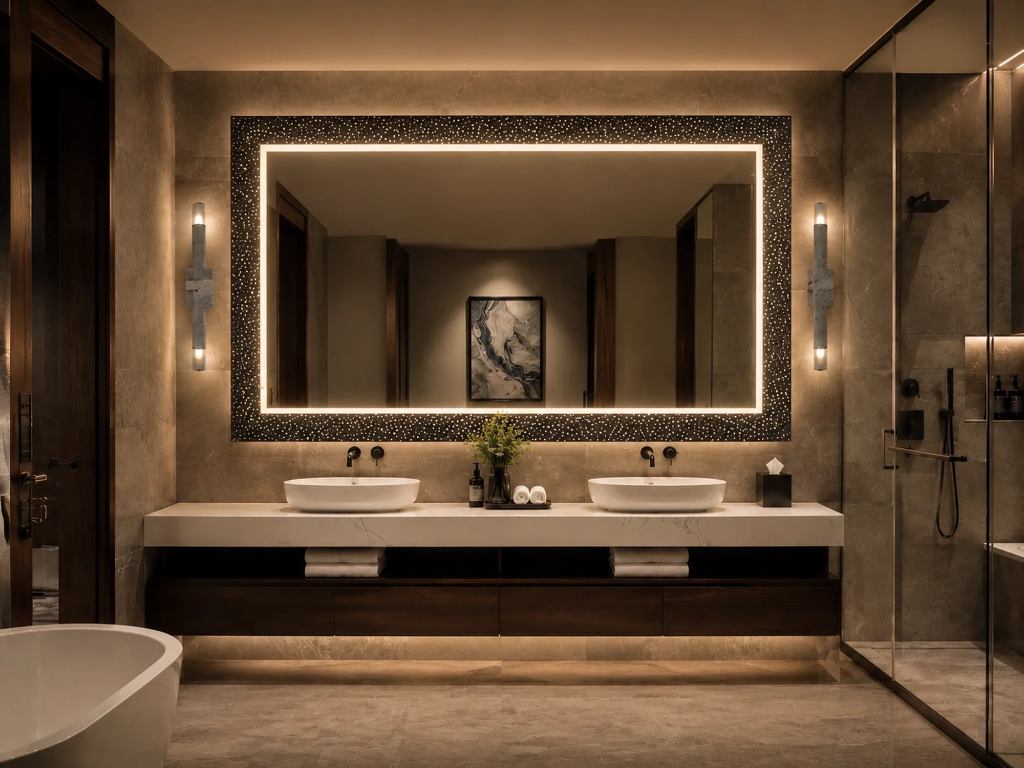 Espelho Madrid com apliques Stone em ambiente premium de casa de banho Illumus