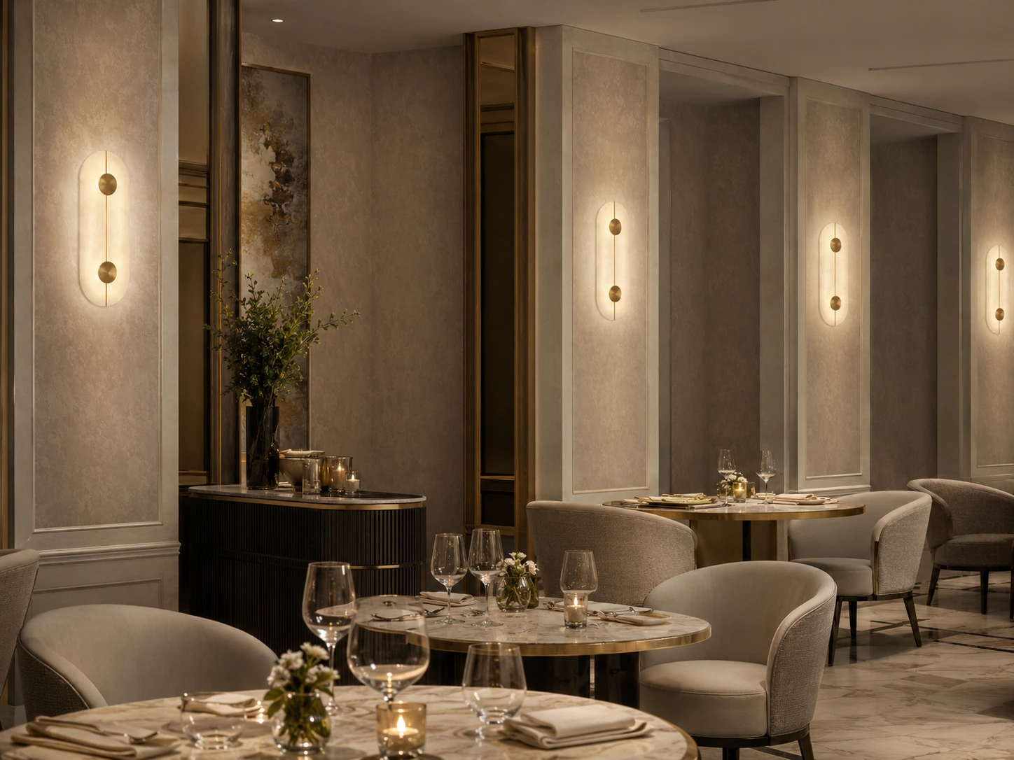 PETRA wall light installed in a premium hospitality restaurant with warm light and gold finish