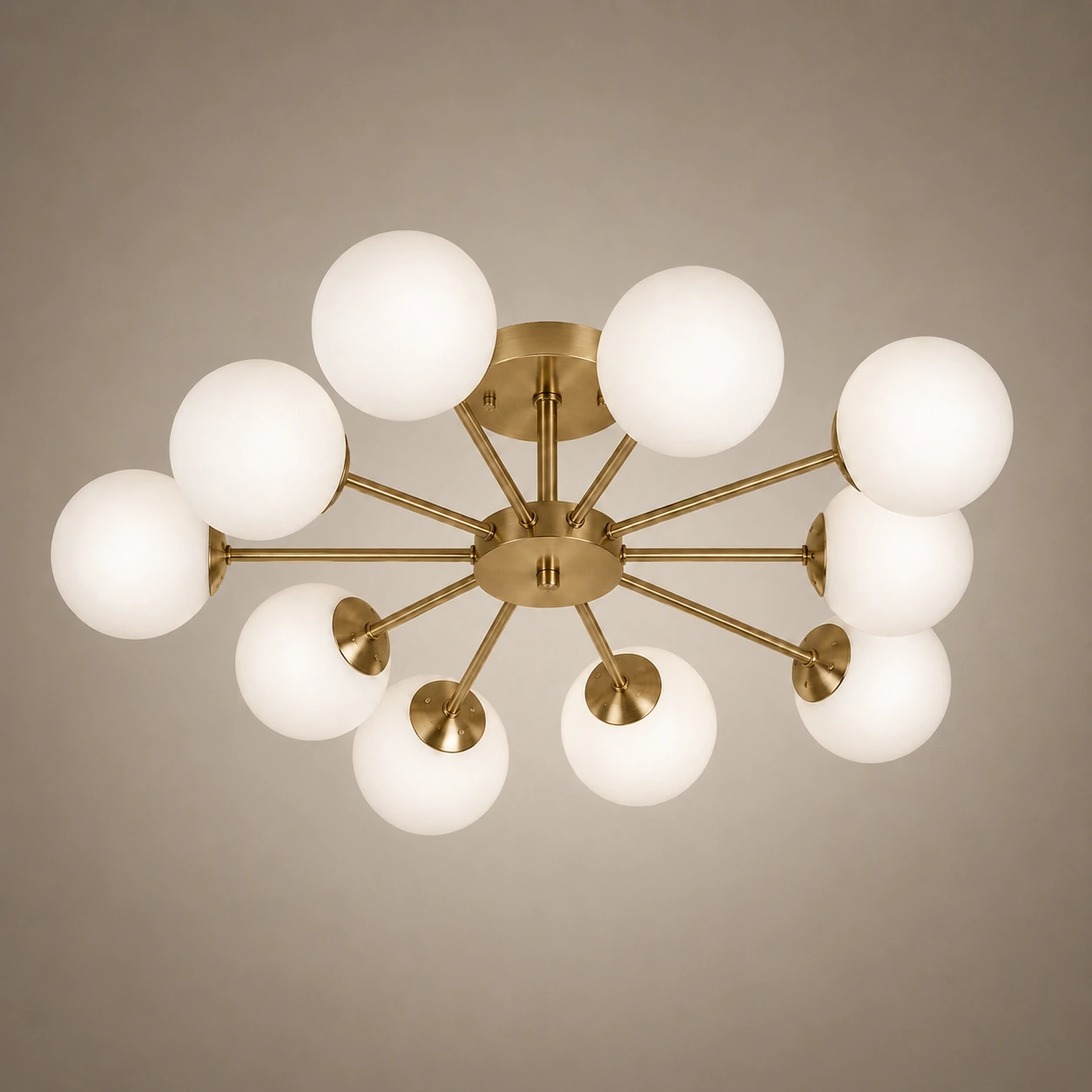 ORBIT GLOBE ceiling light with matte gold structure and opal globes