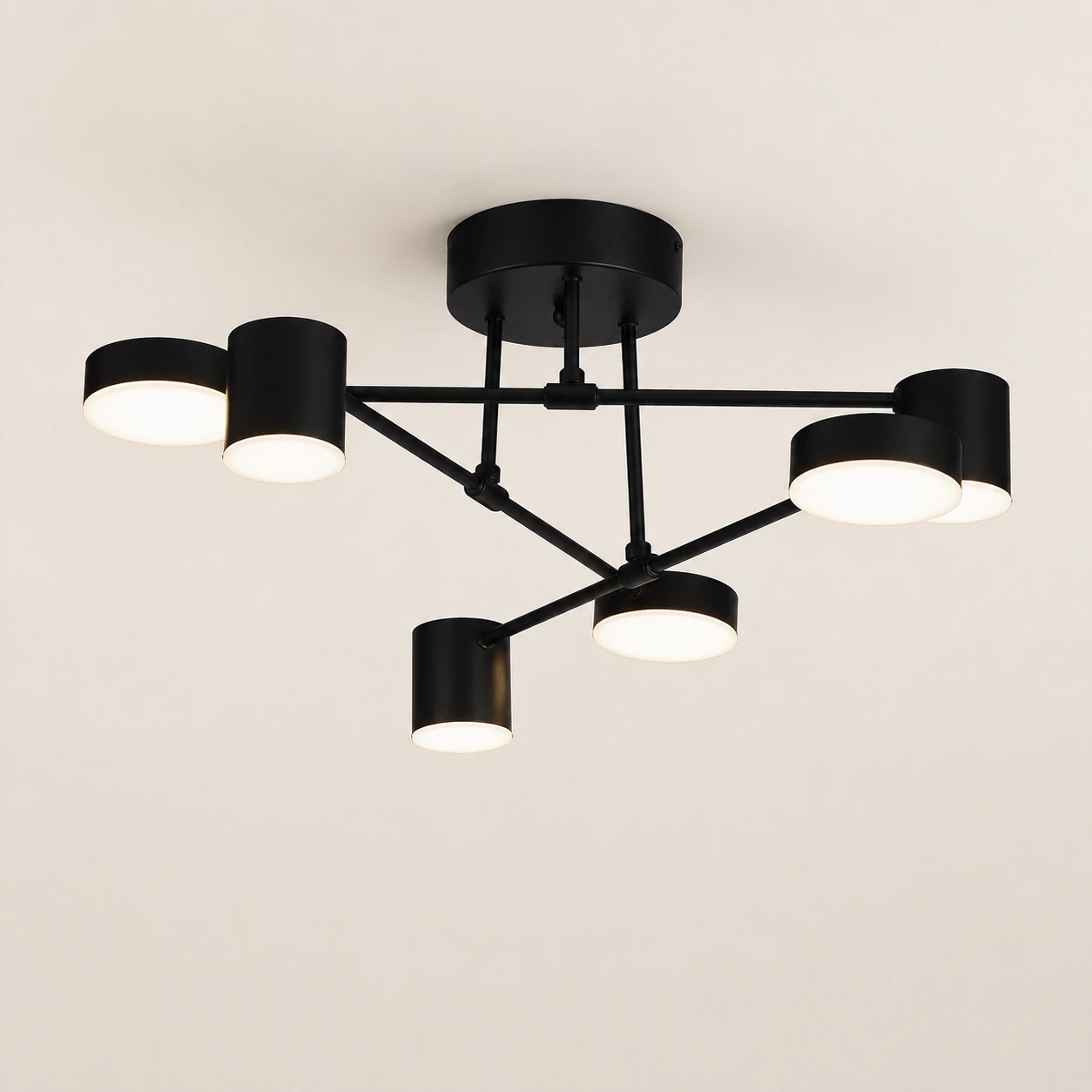MATRIX black ceiling light with geometric arms and cylindrical diffusers