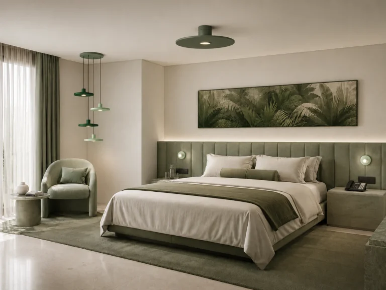 PLATÔ plafon aplicado em quarto de hotel minimalista em tons verdes e branco