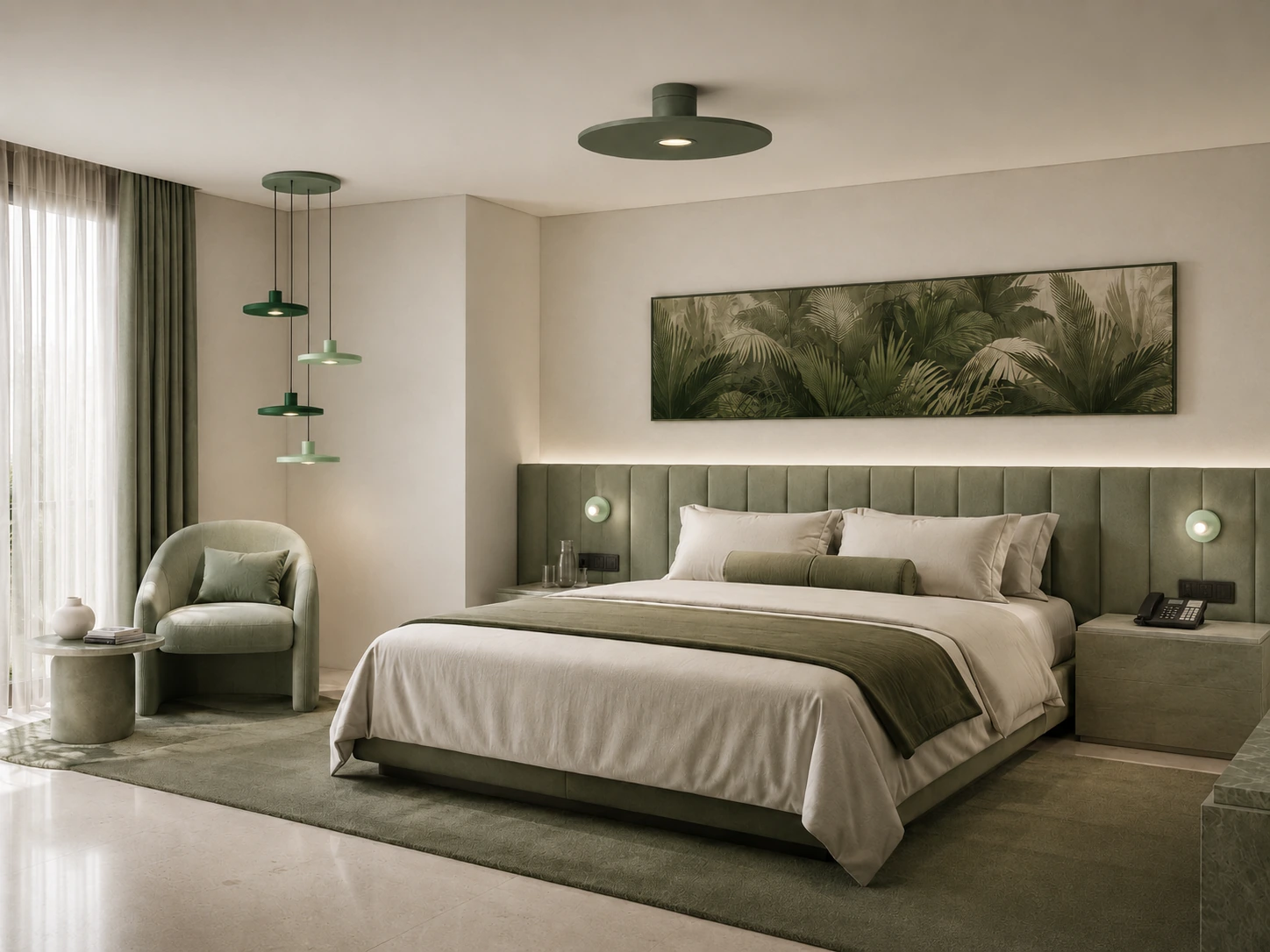 PLATÔ ceiling light installed in a minimalist hotel room in green and white tones