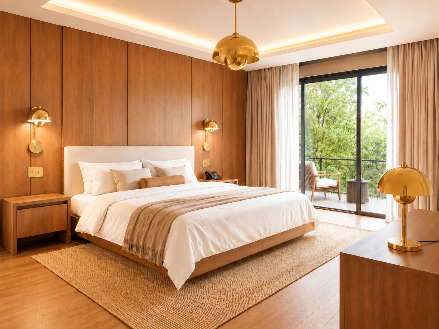 TIVOLI wall light installed in a premium hospitality suite with gold finish and decorative light