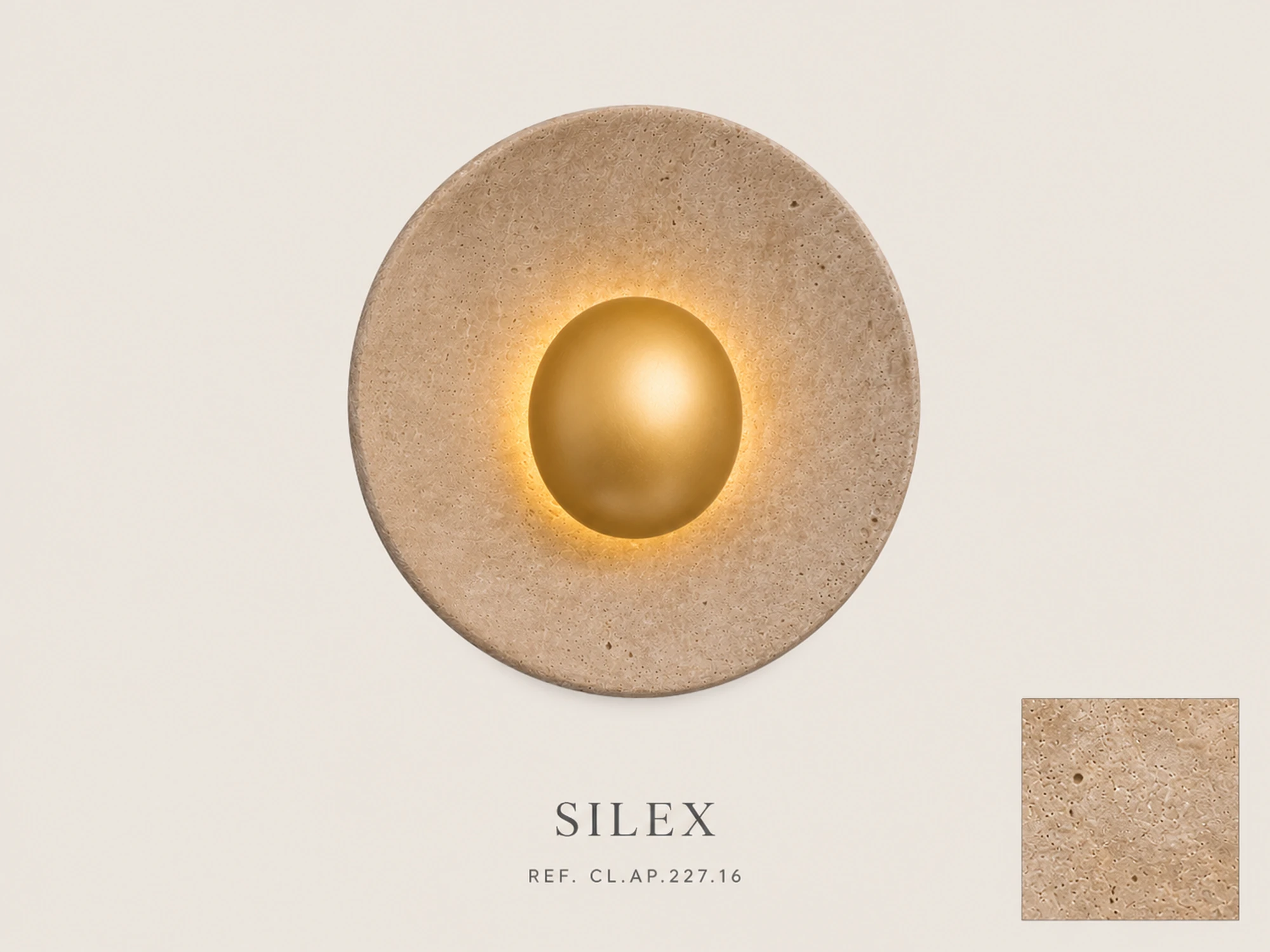 Pormenor do aplique Silex Illumus com acabamento em pedra e centro dourado